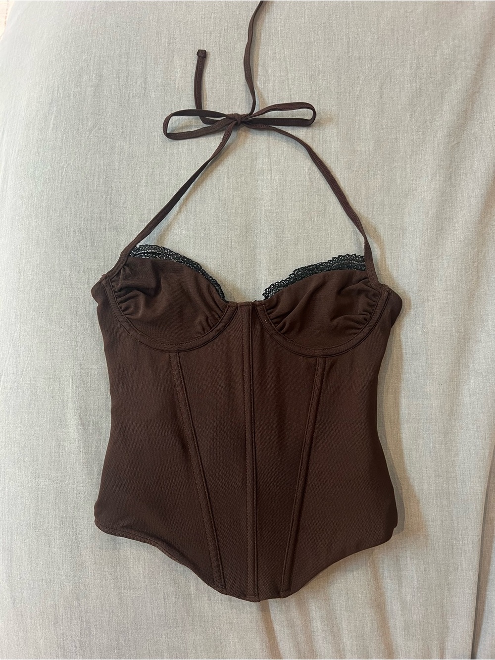 White Fox Boutique Brown Halter Bustier with Lace Trim